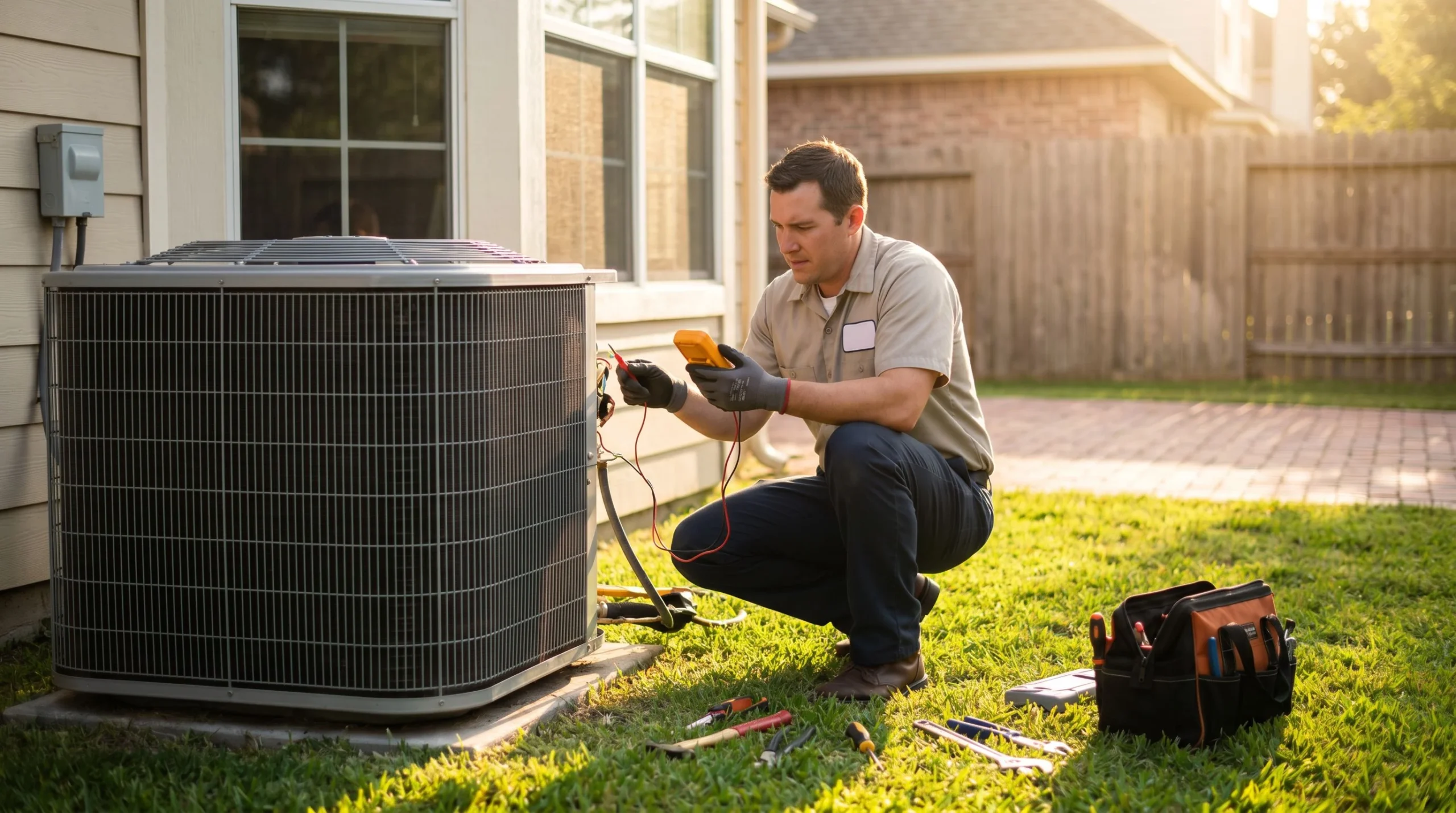 Technician testing an outdoor AC condenser unit