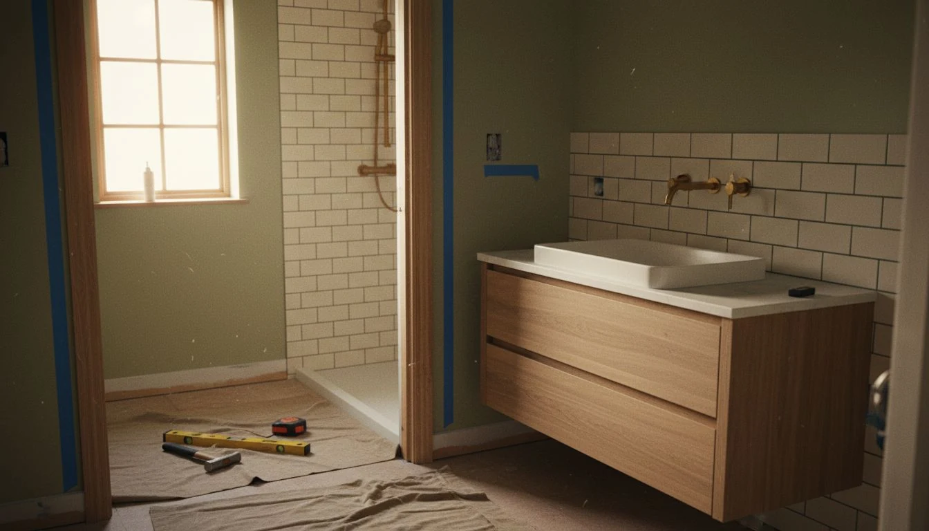 A mid-remodel bathroom with a new vanity, tiled shower surround, and tools on a drop cloth, illustrating real bathroom remodel cost in 2026