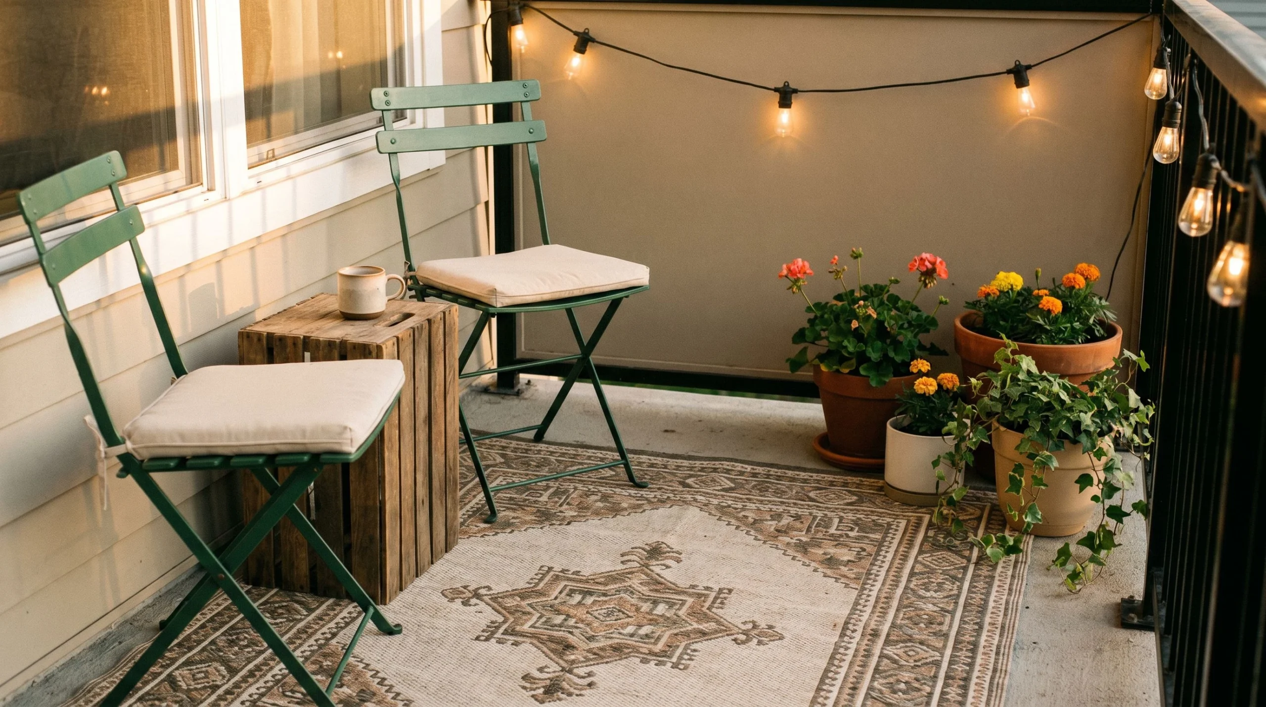 Budget patio makeover with warm string lights, repainted green chairs, an outdoor rug and potted plants