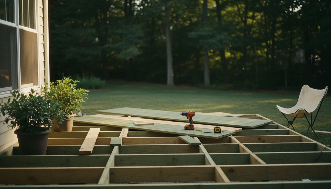 A freshly built backyard wood deck with lumber and tools in summer light, illustrating the real cost to build a deck in 2026