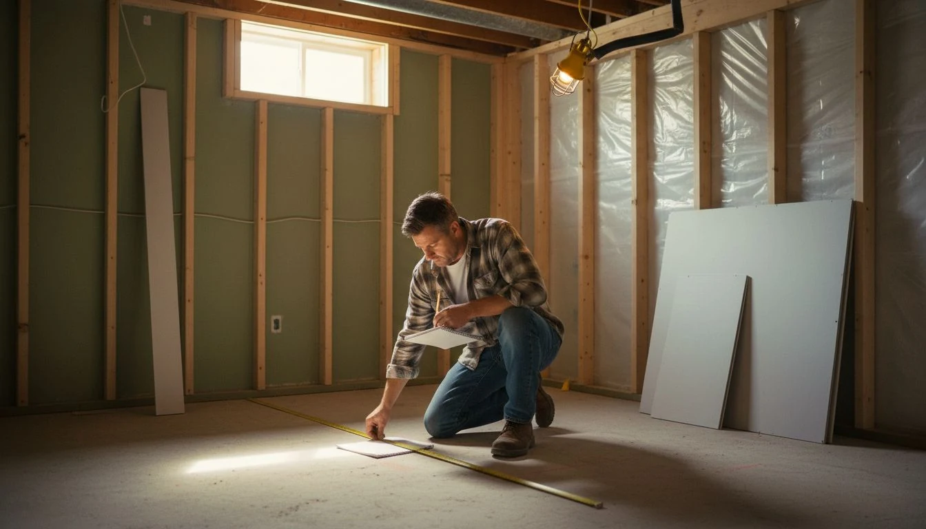 A homeowner kneeling with a tape measure in a partially finished basement with framed walls, illustrating the real cost to finish a basement in 2026
