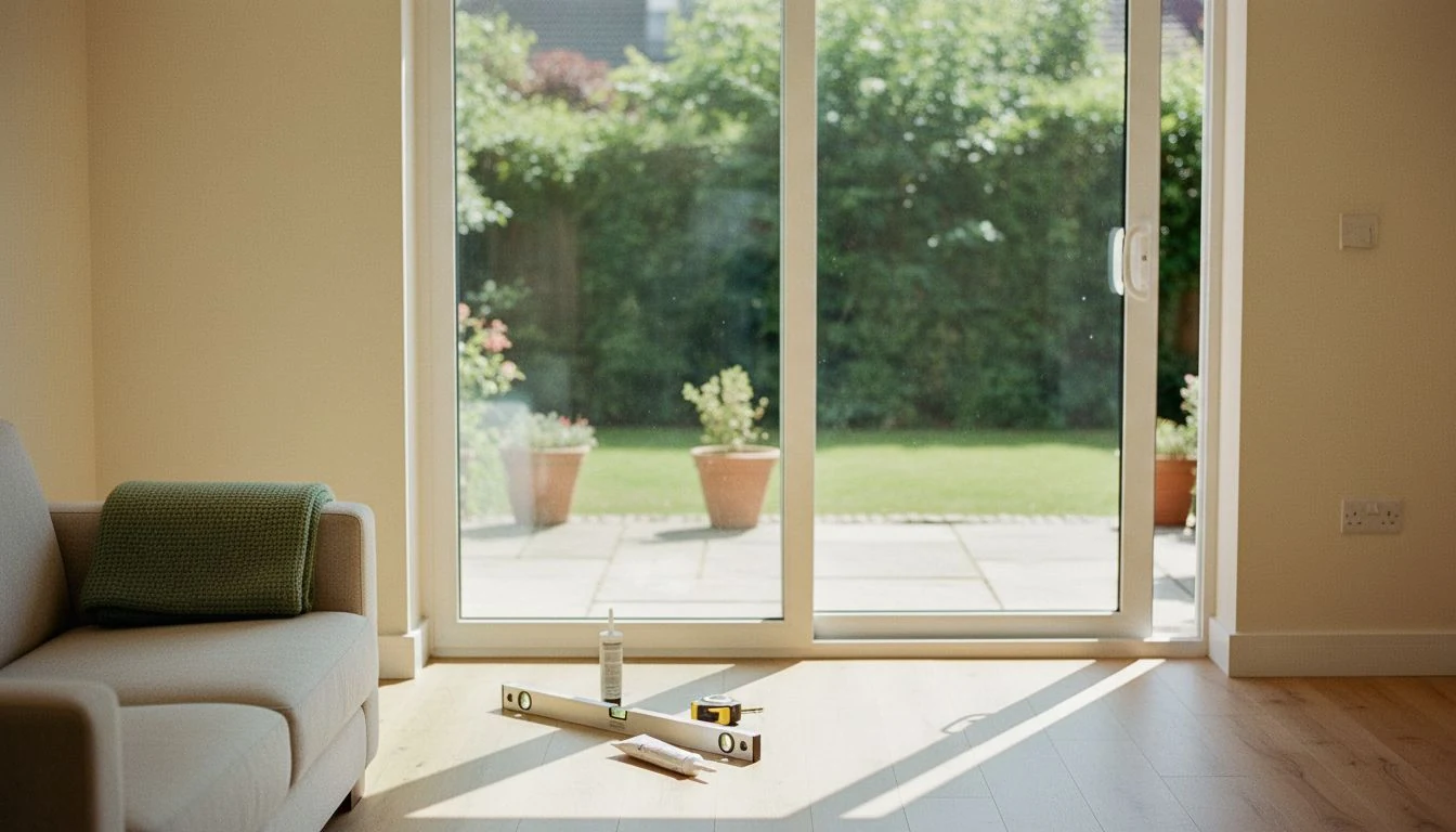 Cost to install a sliding glass door: a newly installed sliding glass patio door in a sunlit living room