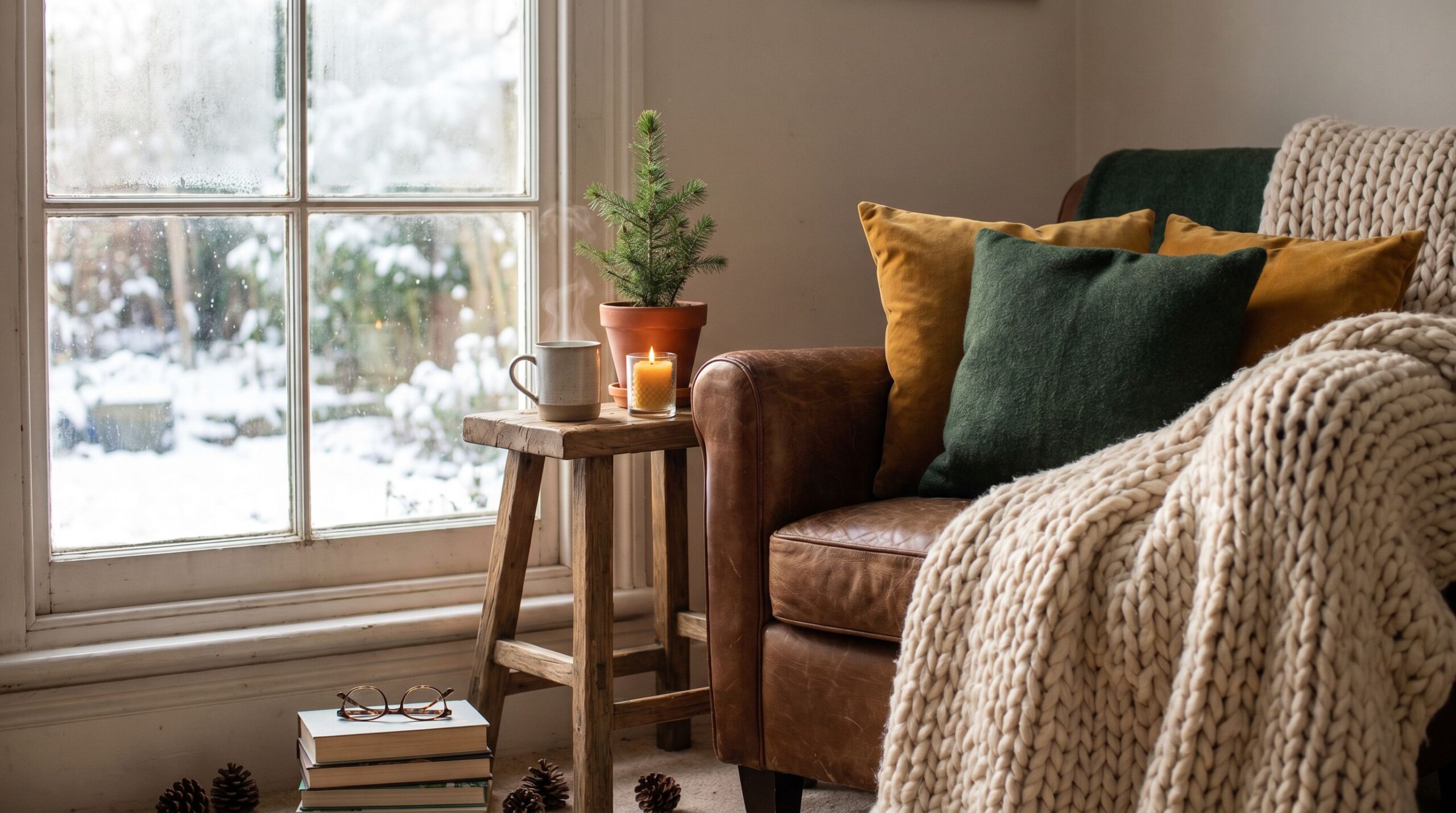 A cozy winter living room corner