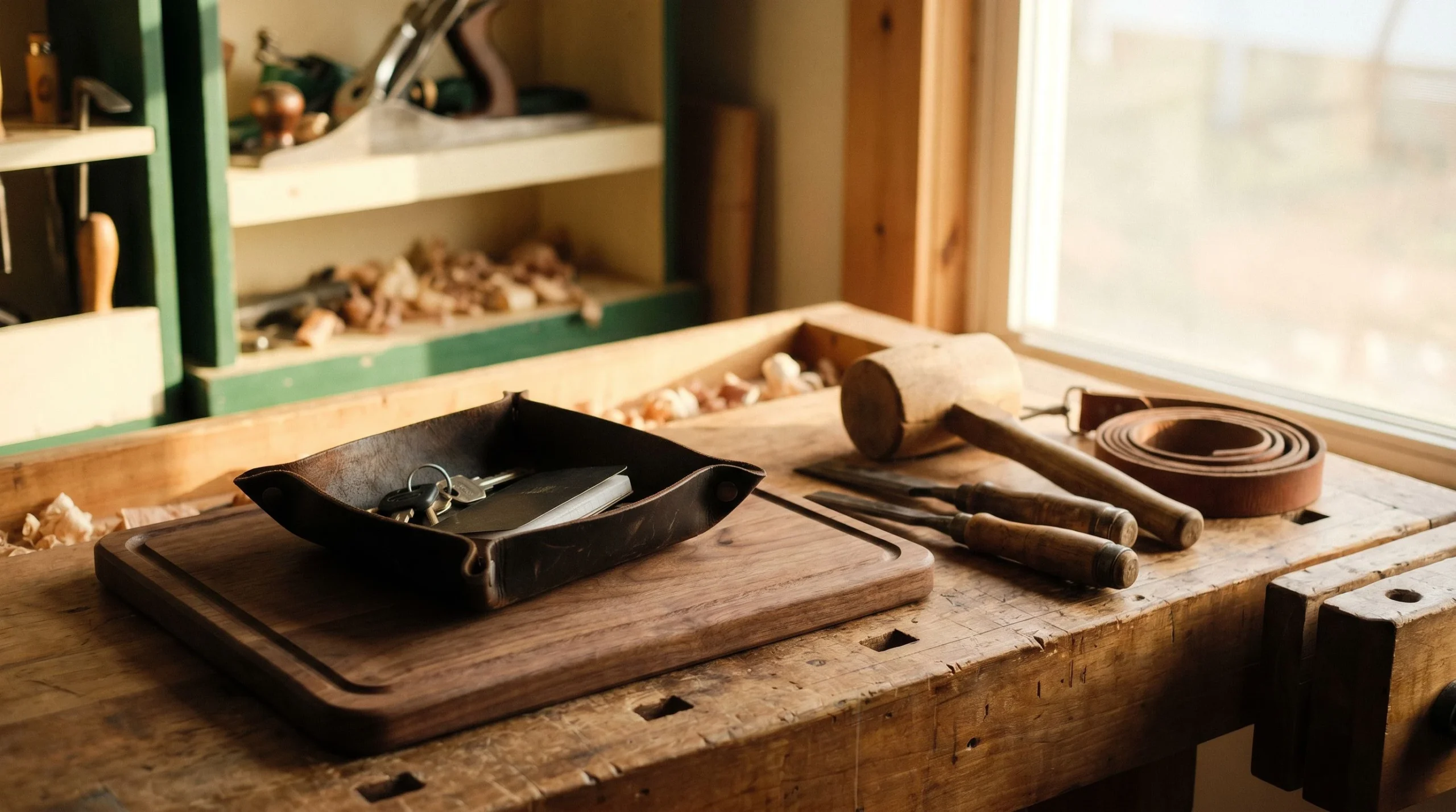 Handmade walnut board and leather tray on a workbench