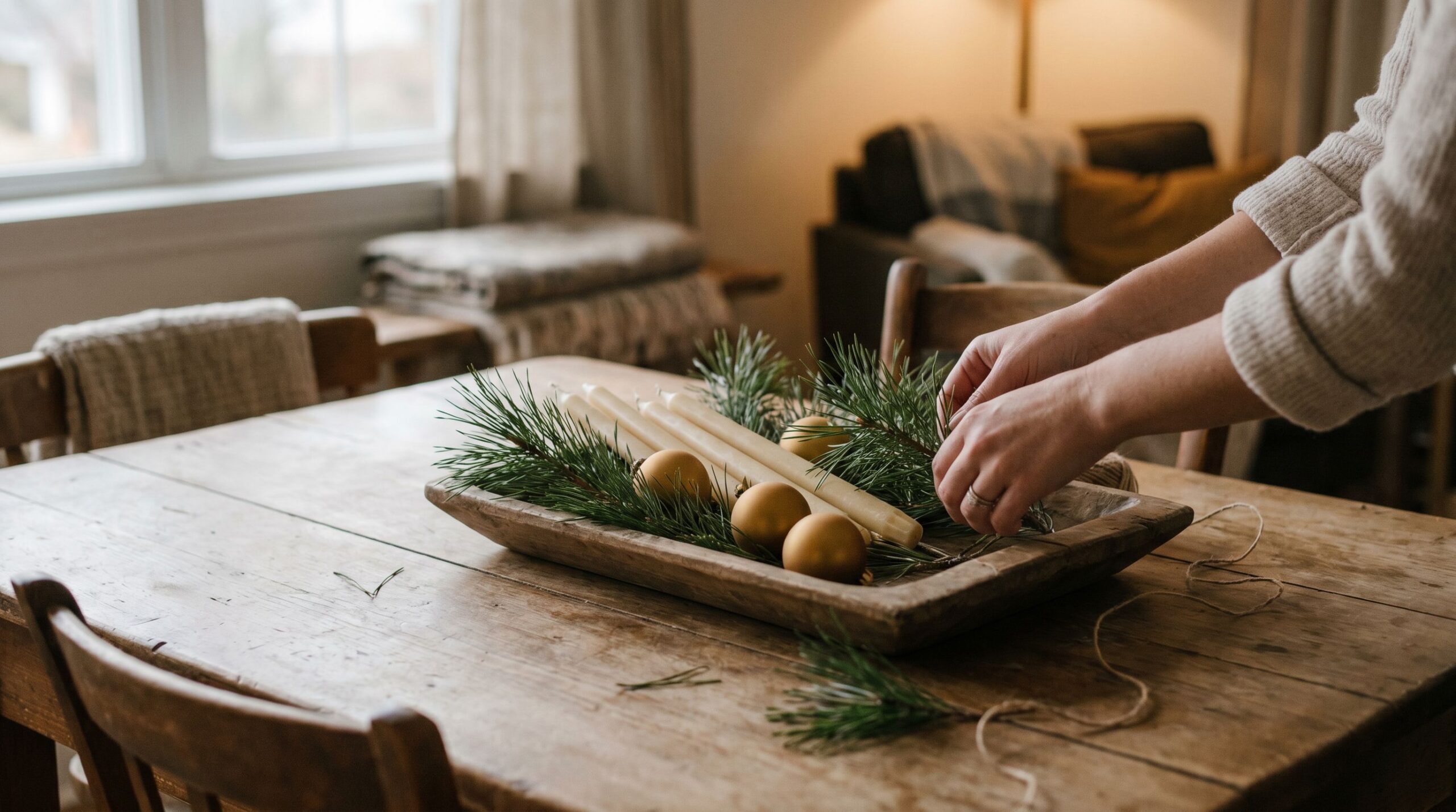 Making a holiday table centerpiece with simple supplies