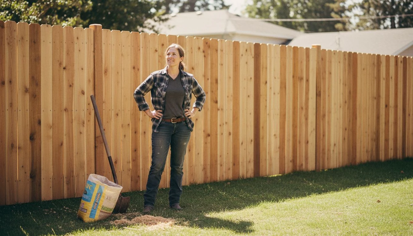 Fence installation cost in 2026: a woman in work clothes standing beside a newly finished cedar privacy fence in a sunny backyard with a post-hole digger and concrete