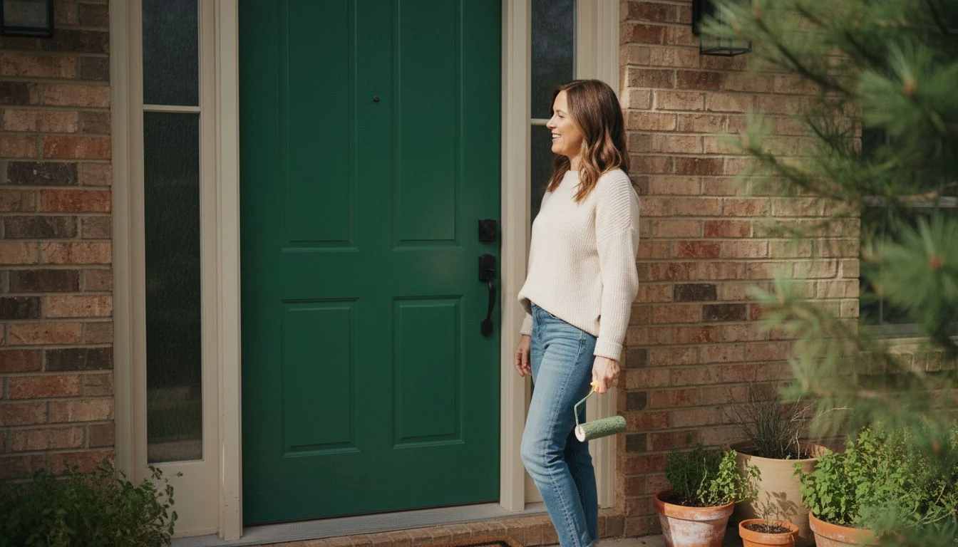A freshly painted forest-green front door with matte-black hardware and modern house numbers, a budget front door refresh done in a weekend