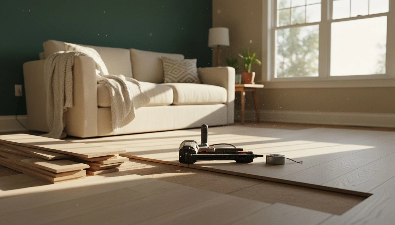 Hardwood floor installation cost in 2026: a partly installed white oak floor with a nail gun, oak planks and a pencil in a sunlit room