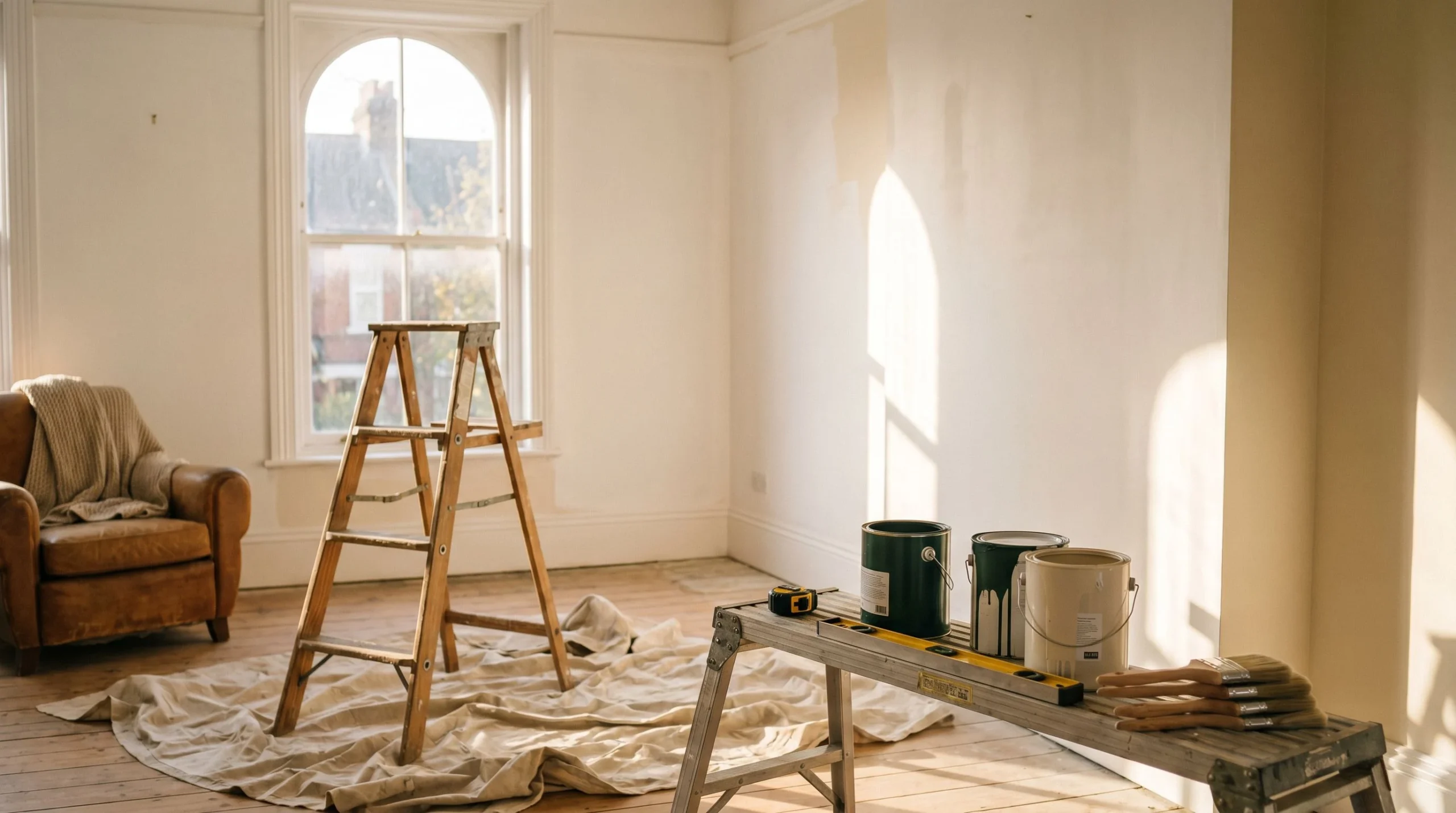 Bright home renovation in progress with paint cans, a tape measure, and tools on a drop cloth in a pine-green and cream room