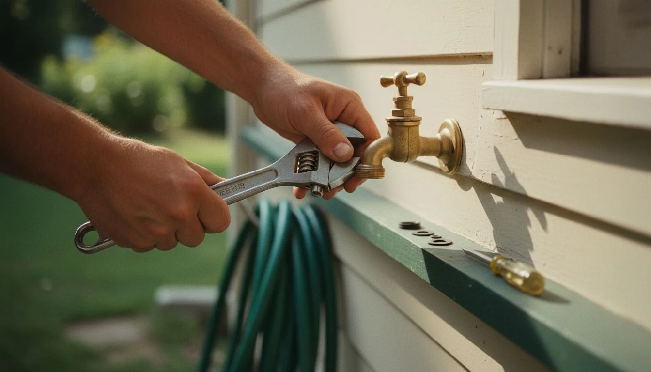 How to fix a leaky outdoor faucet: hands using a wrench to repair a brass hose bib and stop the drip