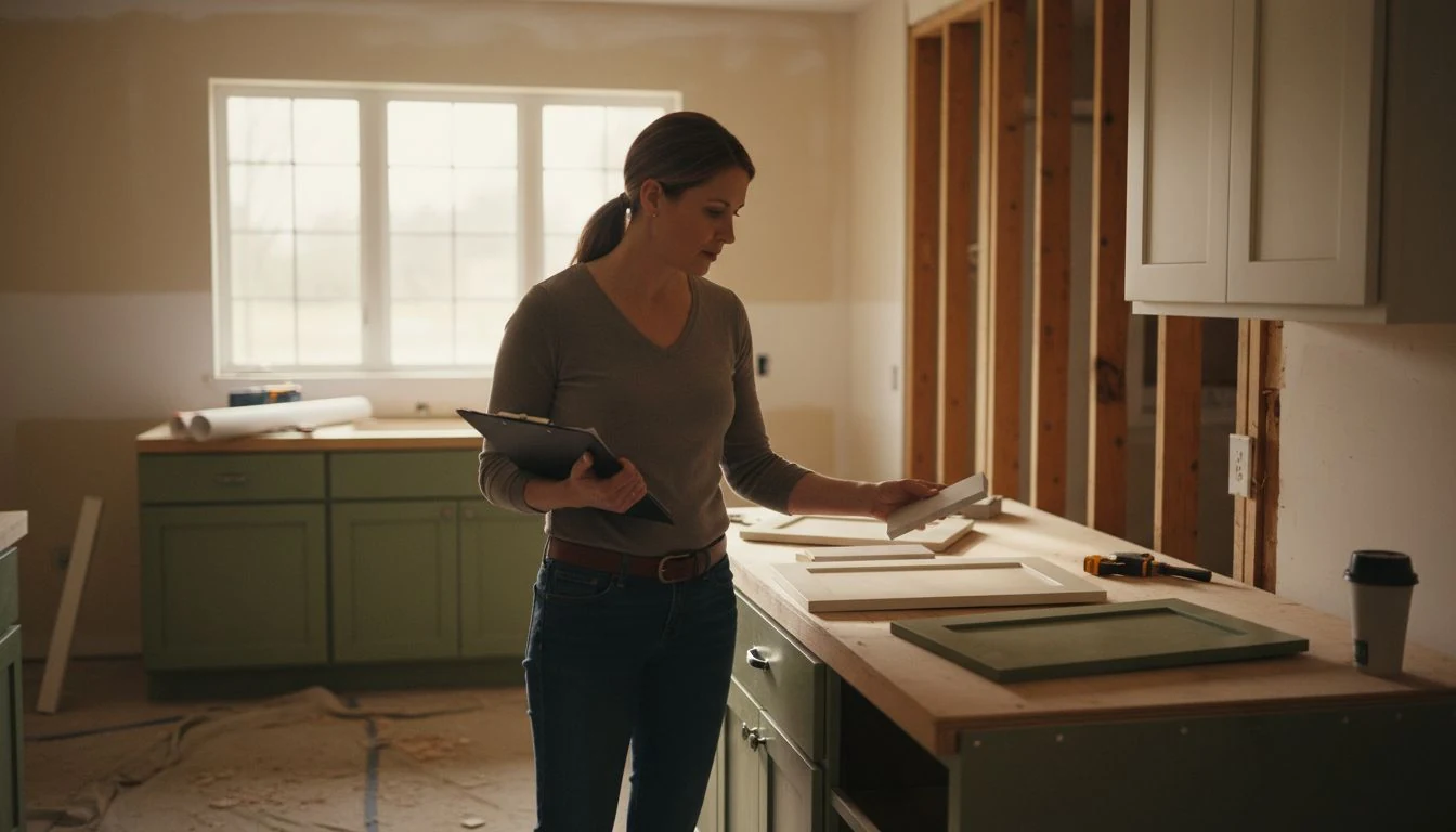 Kitchen remodel cost 2026: woman planning her kitchen renovation budget with cabinet and countertop samples