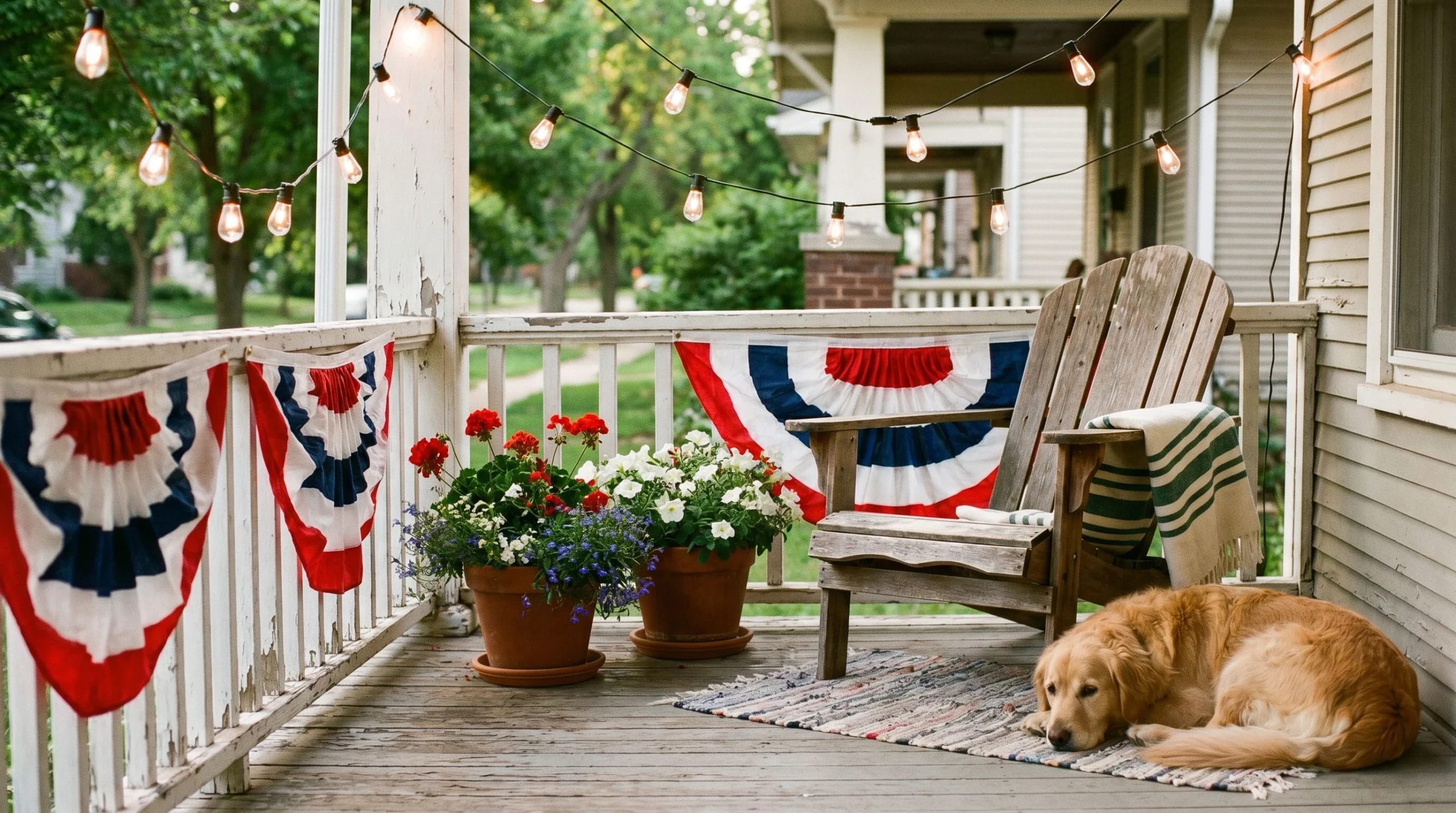 Patriotic porch decor with red, white and blue bunting, string lights and potted flowers on a small front porch
