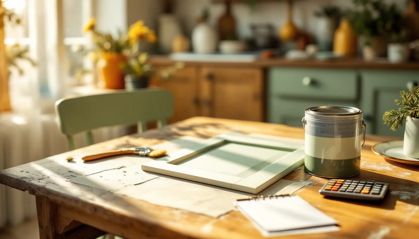 A kitchen cabinet door half-painted in a soft sage-green with a brush, a paint can and a calculator and notepad...