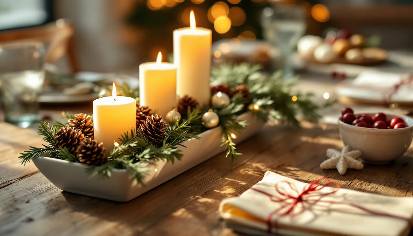 A handmade Christmas table centerpiece with greenery, candles, pinecones and a few ornaments in a simple tray on a...