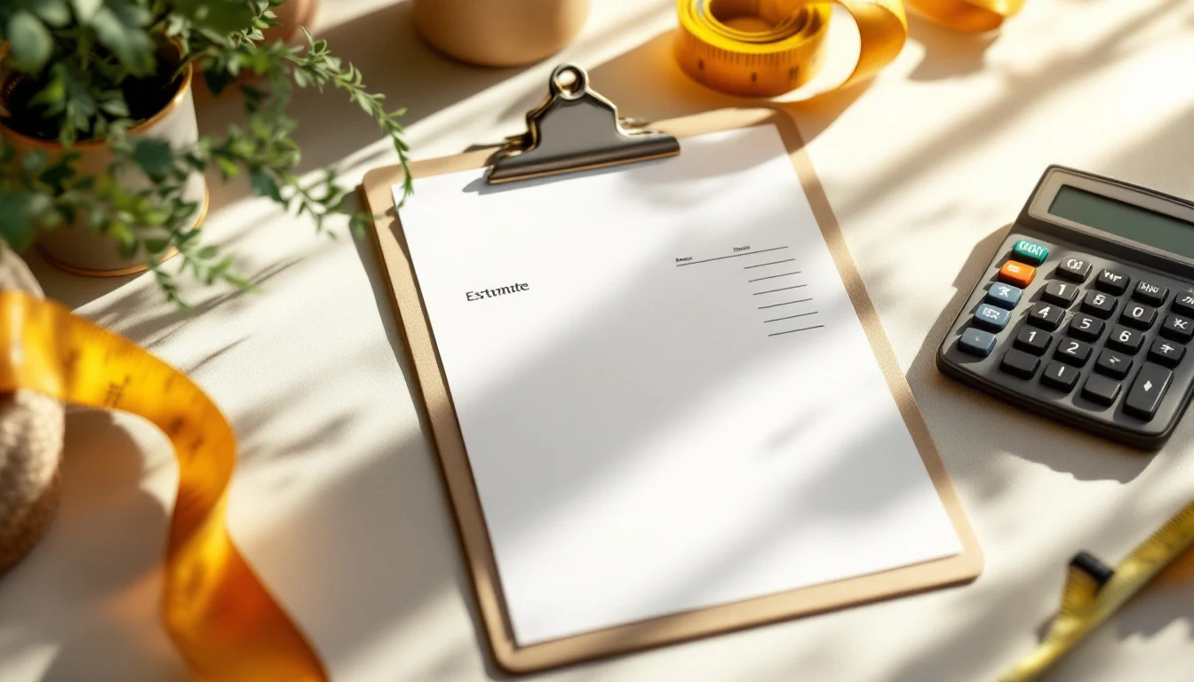 A blank printed estimate document on a clipboard next to a calculator, a pen and a tape measure on a cream desk,...