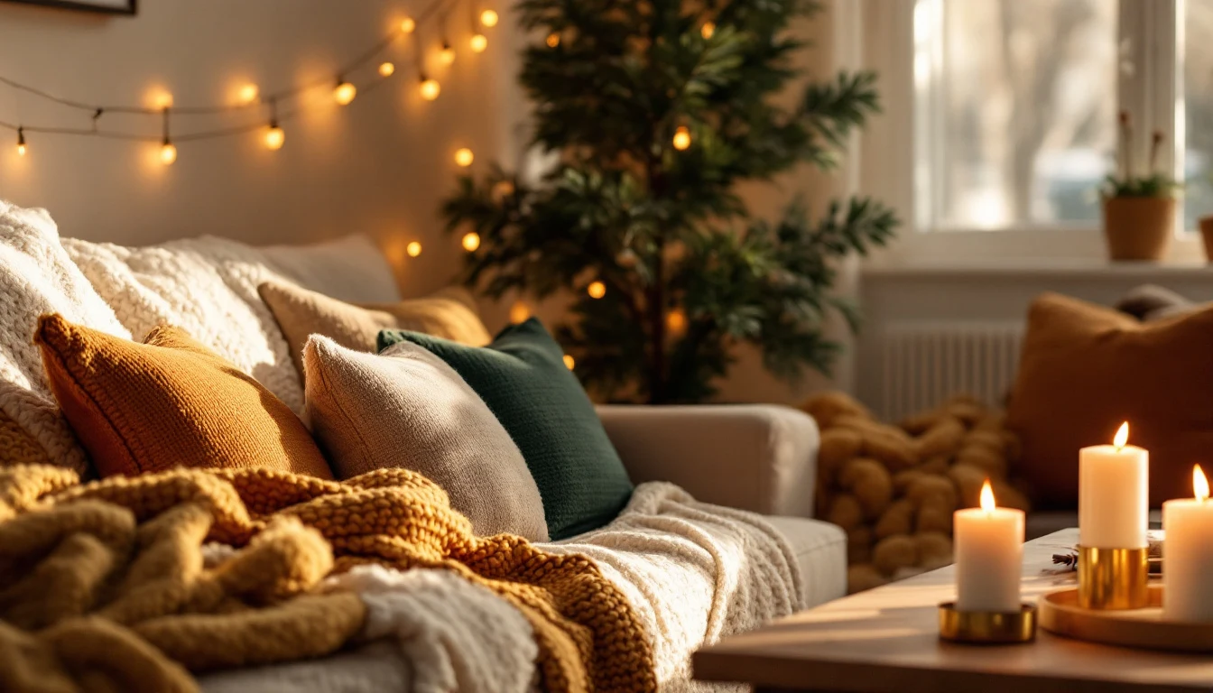 A cozy warm winter living room with knit throws, layered cushions, candles, a plant and string lights against a...
