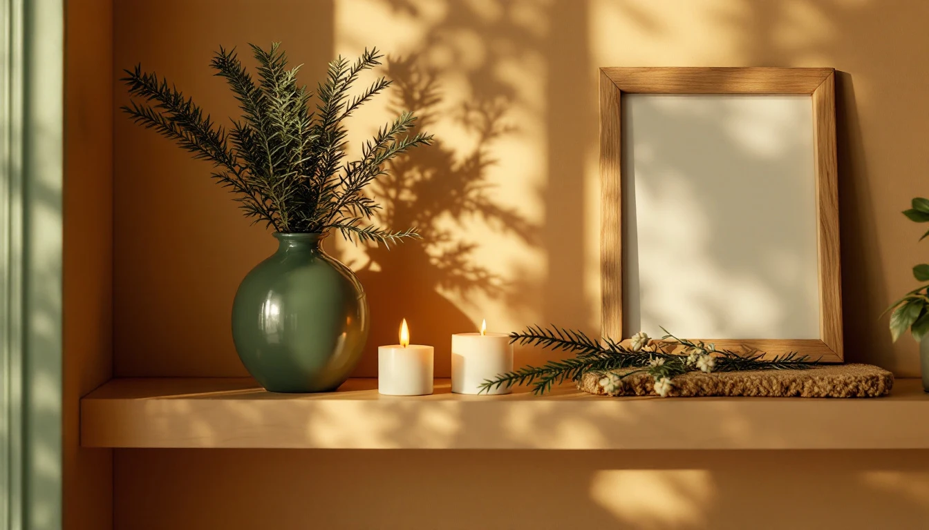 A stylish handmade decor vignette made from inexpensive materials: a painted vase, a candle, faux greenery and a...