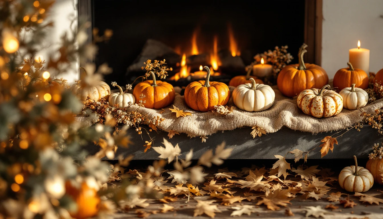 A warm autumn fireplace mantel decorated with small pumpkins, a simple garland, candles and dried leaves, cream and...