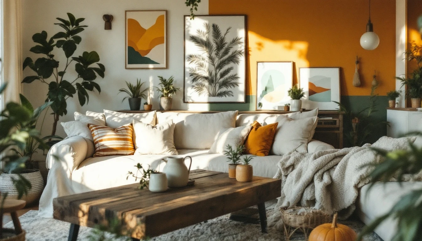 A cozy refreshed living room makeover on a budget with a slipcovered sofa, a DIY coffee table, thrifted art and...