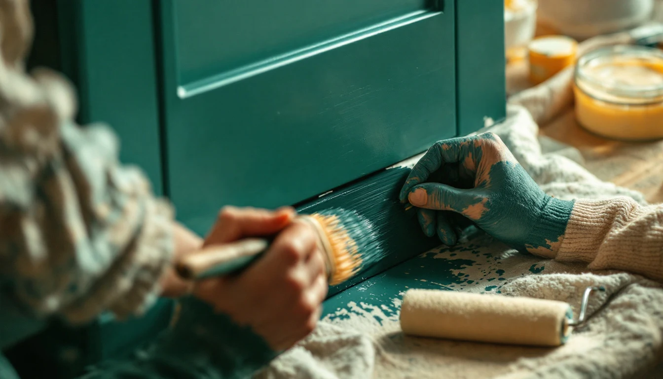 Close-up of hands painting a kitchen cabinet door with a brush, smooth even strokes, a roller and paint tray nearby...