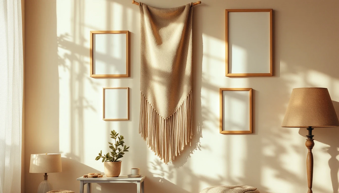 A cozy rented apartment wall decorated with removable peel-and-stick frames and a fabric hanging, no holes, a plant...