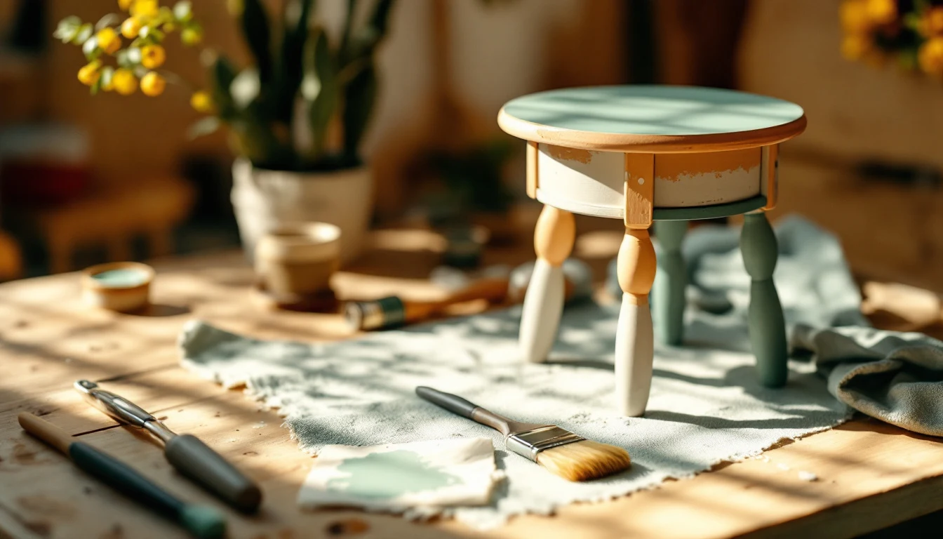 A bright handmade scene of a simple weekend DIY in progress: a freshly painted small side table with a brush and...