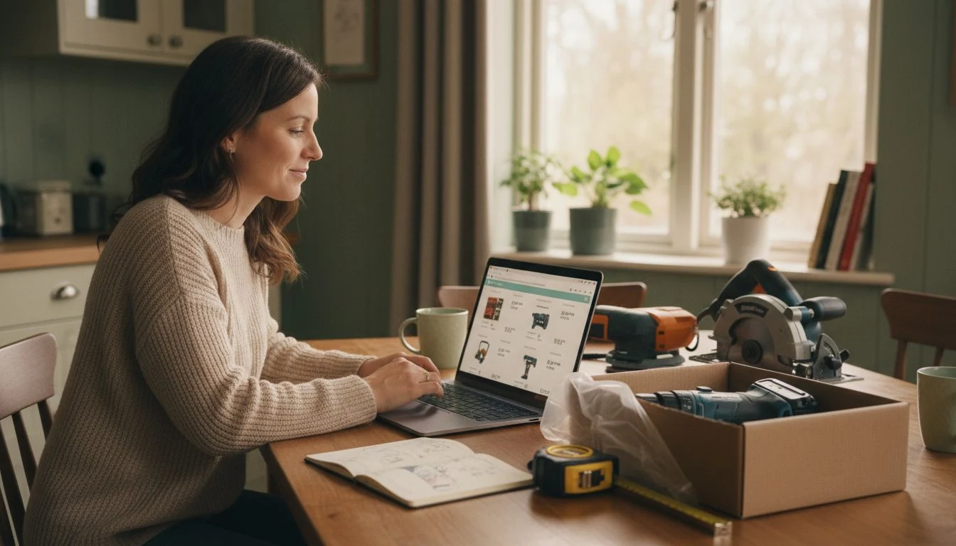 Prime Day tool deals 2026: a woman comparing cordless tool prices on a laptop at a sunlit kitchen table