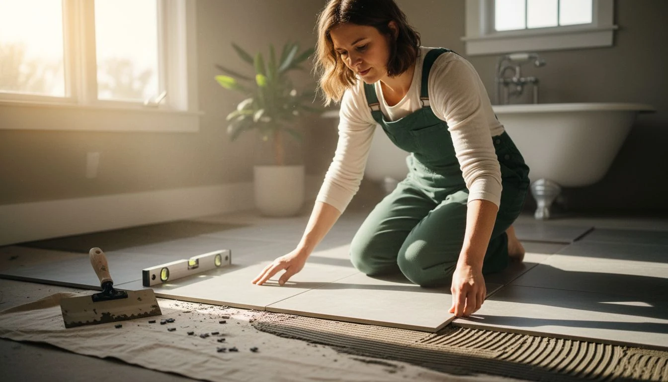 Tile installation cost in 2026: a woman setting large porcelain floor tile into fresh thinset with a trowel, spacers and a level in a sunlit bathroom