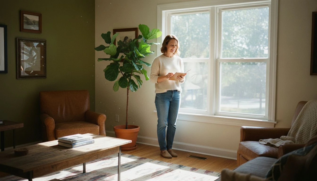 Window replacement cost 2026: woman beside a newly installed double-hung window in a sunlit room