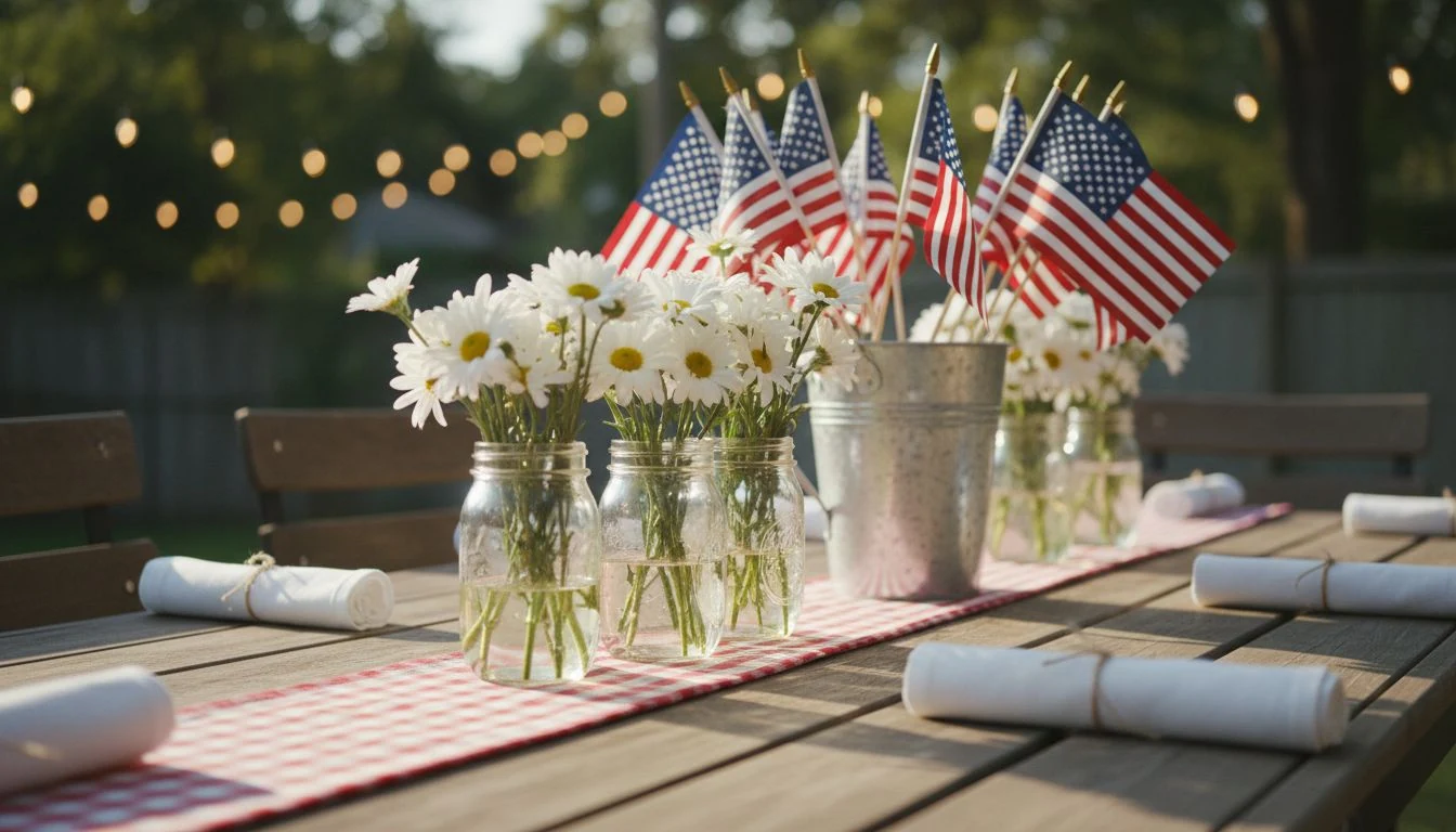 4th of July decor on a budget: a dollar-store flag bucket and mason-jar flower centerpiece on a rustic white table