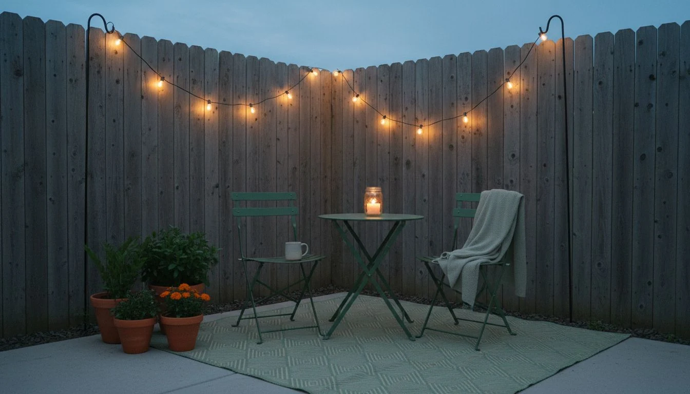 Cozy budget backyard makeover corner at dusk with warm string lights, thrifted painted chairs, an outdoor rug, and grouped potted plants
