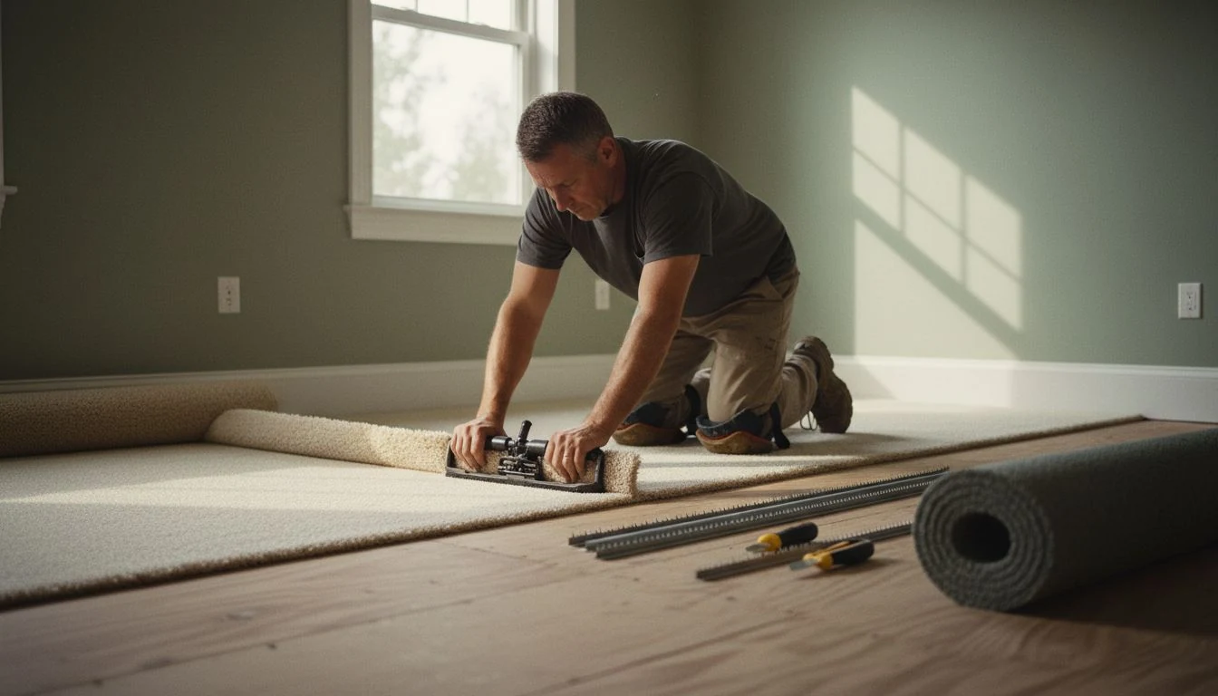 Carpet installer kneeling with a knee kicker and tack strip on a bedroom subfloor, showing what a carpet installation cost covers in 2026