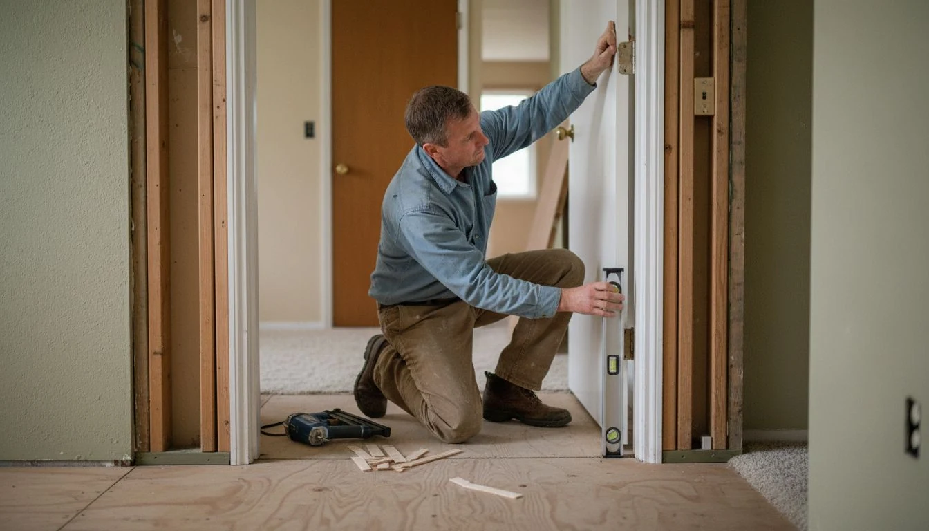 A carpenter checking a level against the jamb of a white prehung door in a hallway opening, shims and a nail gun on the subfloor, showing what the cost of installing interior door work covers in 2026