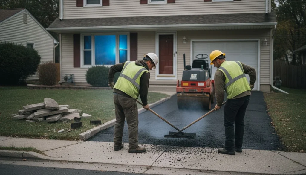 A paving crew raking fresh hot asphalt across a residential driveway in front of a suburban house, showing what the cost to replace a driveway covers in 2026