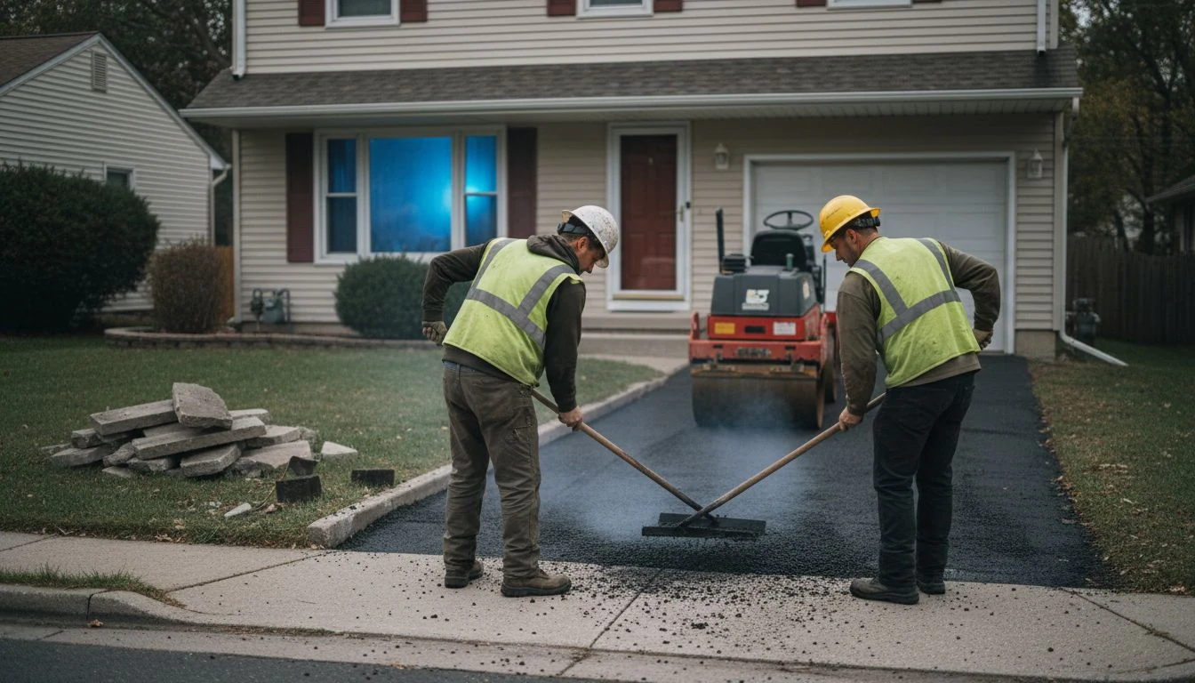 A paving crew raking fresh hot asphalt across a residential driveway in front of a suburban house, showing what the cost to replace a driveway covers in 2026