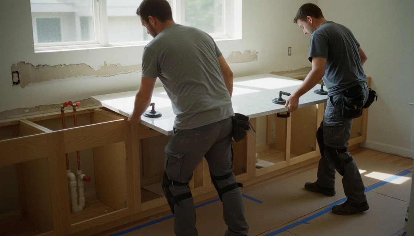 Two installers lowering a white quartz slab onto bare oak base cabinets in a sunlit kitchen with the old backsplash torn off, showing what the cost to replace kitchen countertops covers in 2026