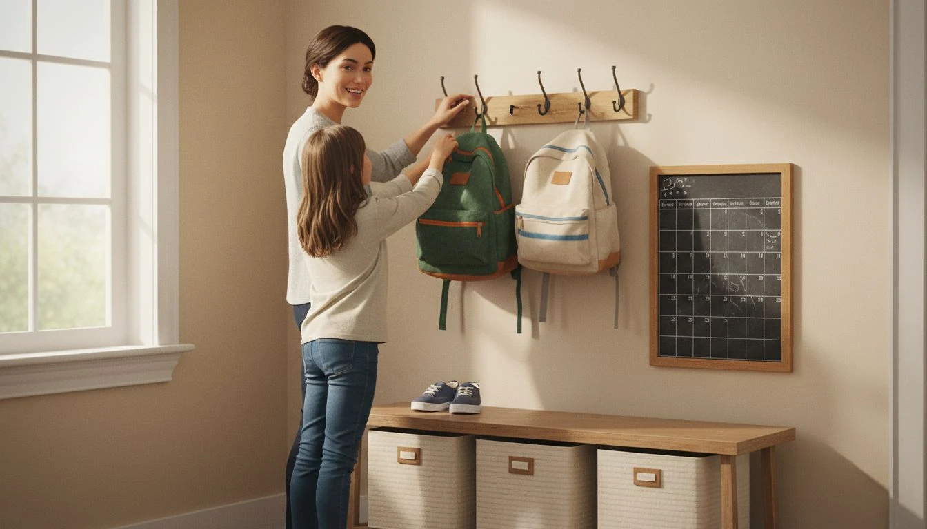 DIY back-to-school drop zone with wall hooks holding backpacks, a shoe bench, and a homework command station by a home entryway