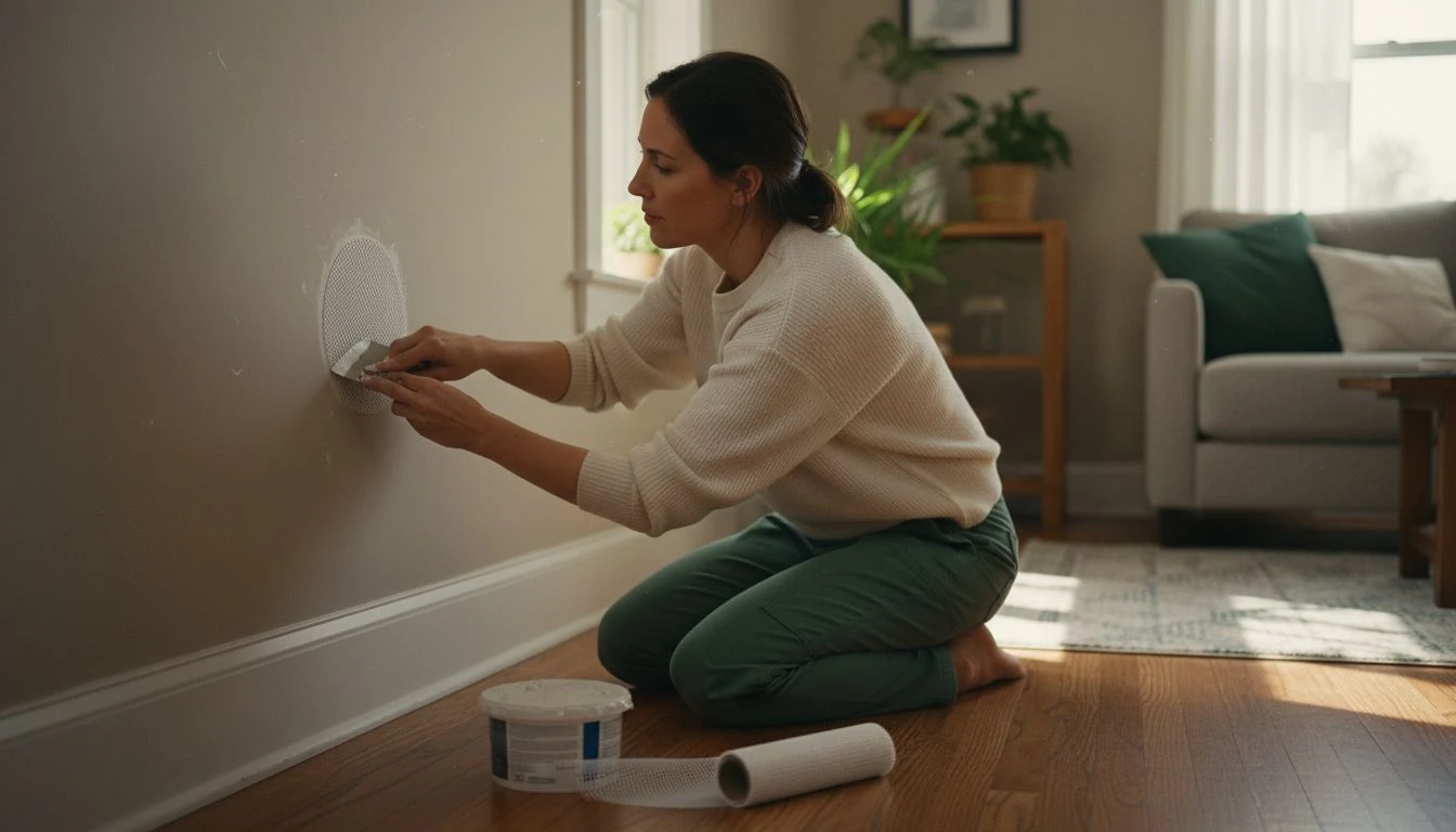 Homeowner patching a drywall hole with a putty knife and joint compound, showing what a drywall repair cost covers in 2026
