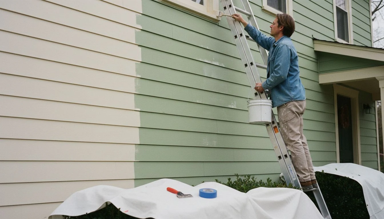 Painter on an extension ladder repainting the sage green lap siding of a two-story house, showing what exterior house painting cost covers in 2026