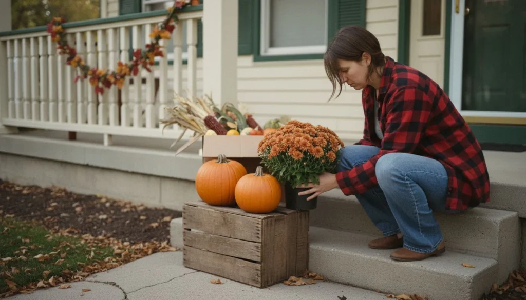A homeowner setting a potted mum beside pumpkins on a wooden crate at her front steps, arranging fall porch decor on a budget