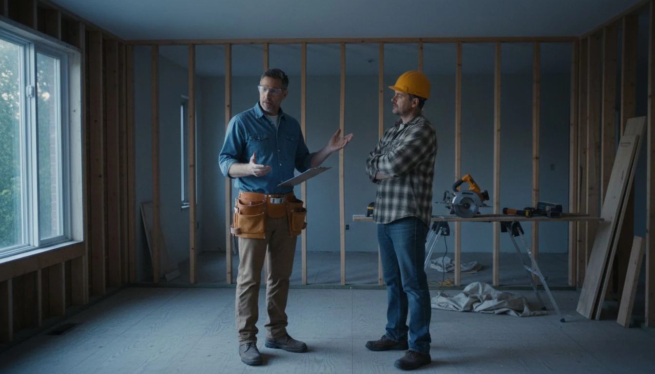 A general contractor in a tool belt reviewing framing with a carpenter on a gut-renovation job site, showing what general contractor cost covers in 2026
