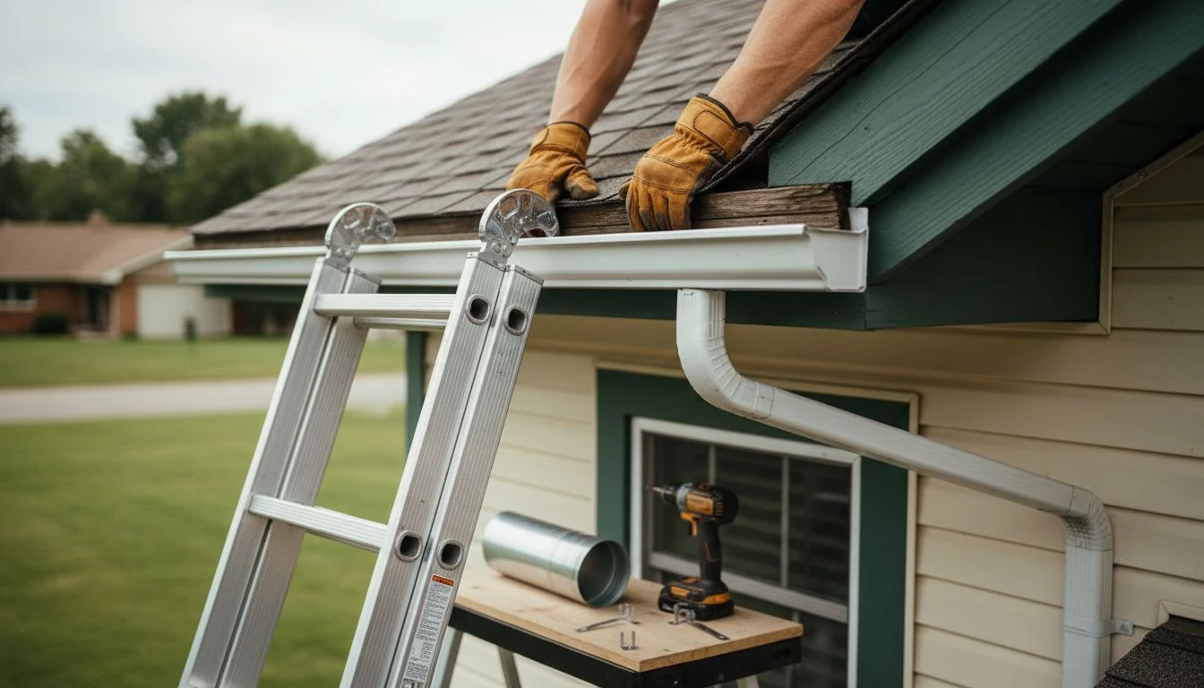 Gutter installation cost: a seamless aluminum gutter being fitted along the fascia of a house roofline with a downspout below
