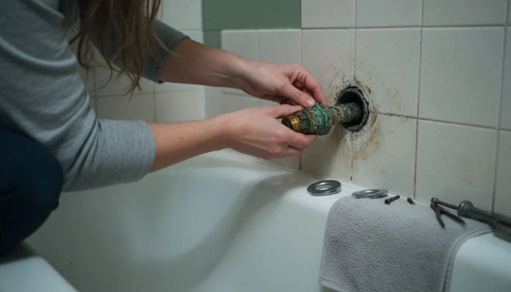 Hands pulling a corroded brass cartridge out of an open tub and shower valve in a tiled bathroom wall, showing how to fix a leaky bathtub faucet behind the trim plate