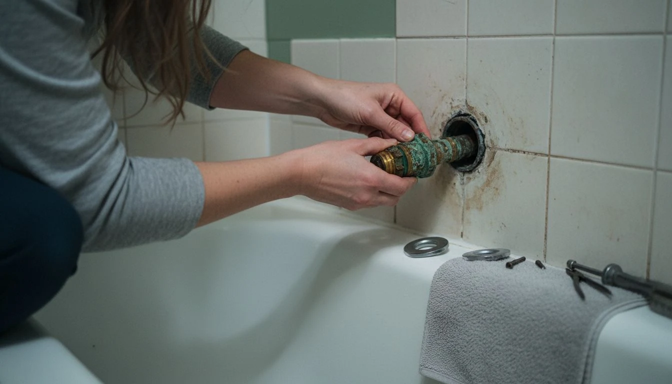Hands pulling a corroded brass cartridge out of an open tub and shower valve in a tiled bathroom wall, showing how to fix a leaky bathtub faucet behind the trim plate