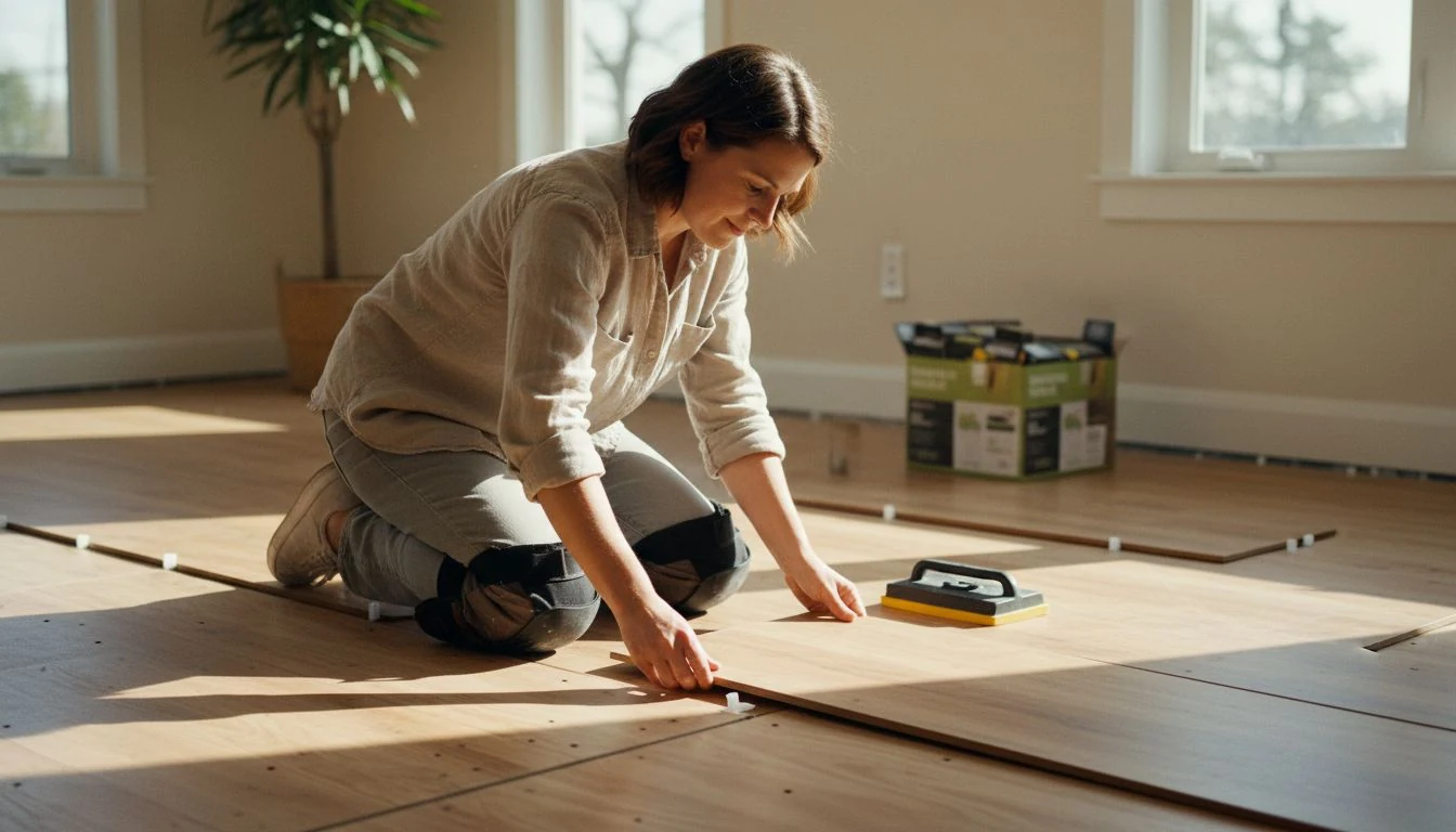 How to install vinyl plank flooring: a person kneeling on a clean subfloor clicking a light wood-look vinyl plank into place, tapping block and utility knife beside them in bright natural light