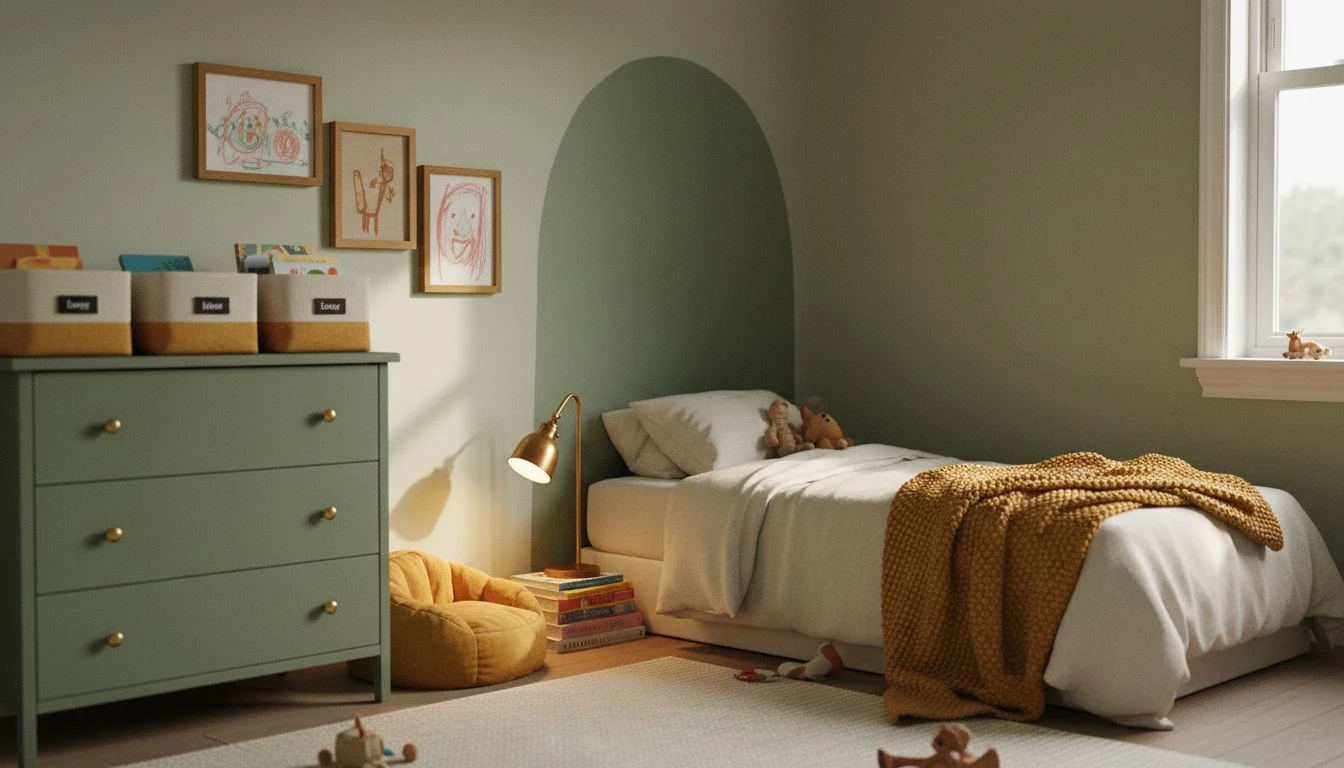 Kids' room makeover on a budget: freshly painted sage wall, thrifted dresser with new knobs, labeled bins and a cozy reading corner before back-to-school