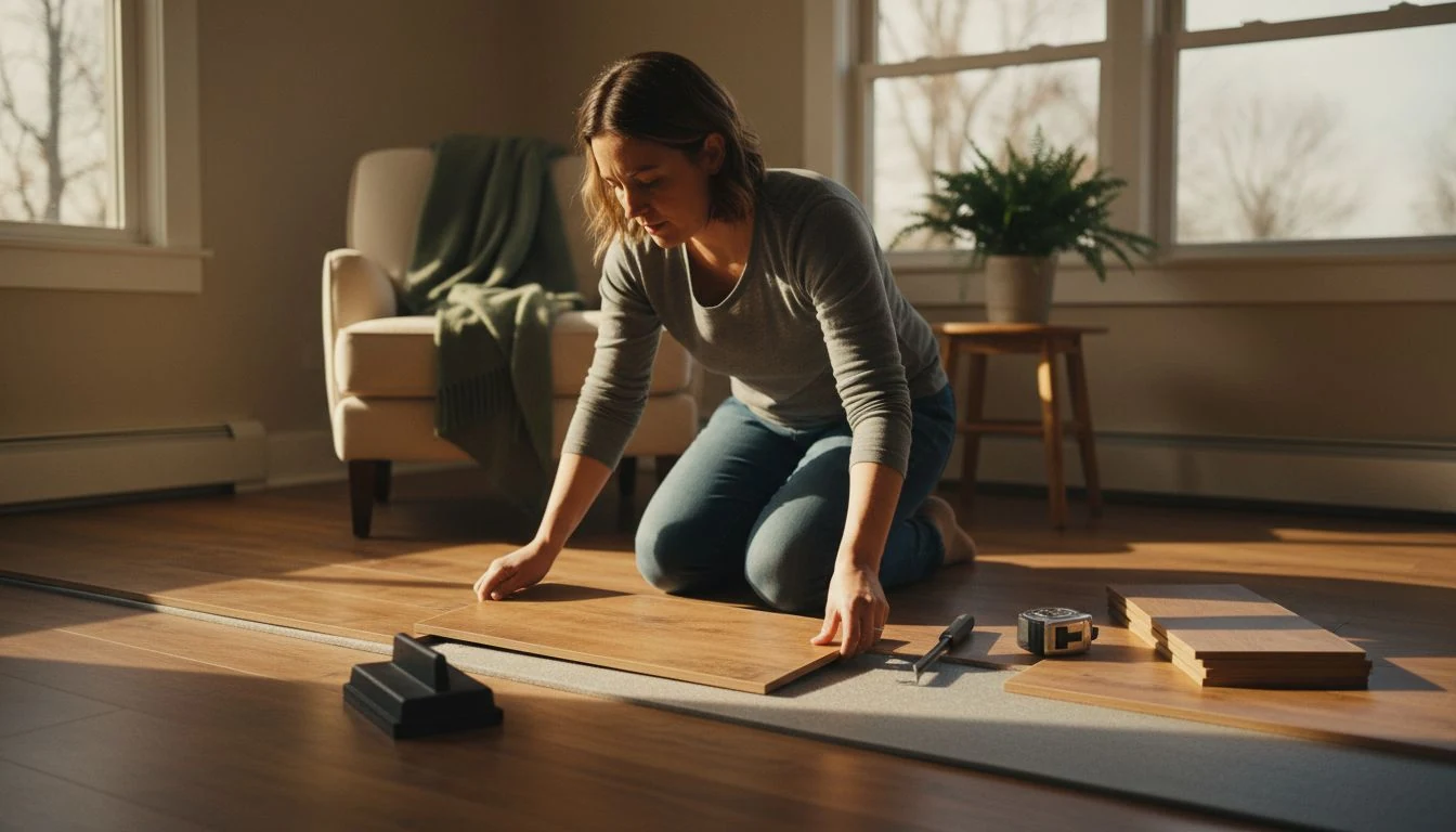 Laminate flooring installation cost: click-lock wood-look planks being fitted over foam underlayment in a bright room