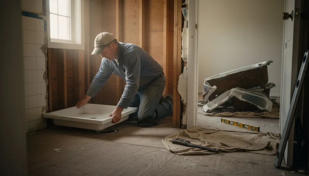 A plumber lowering a white acrylic shower pan into the alcove where a bathtub was removed, exposed studs and open drain in the subfloor, showing what a tub to shower conversion cost covers in 2026