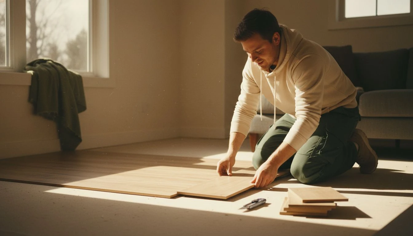 Vinyl plank flooring installation cost: installer clicking waterproof rigid-core LVP planks into place across a bright living room floor