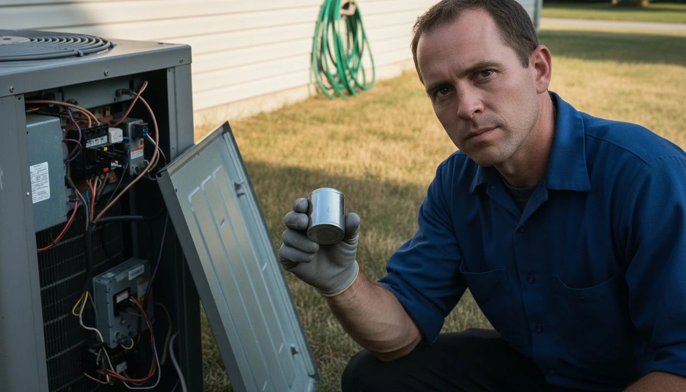 An HVAC technician holding a silver dual run capacitor beside an opened outdoor condenser unit, the part behind a typical AC capacitor replacement cost in 2026